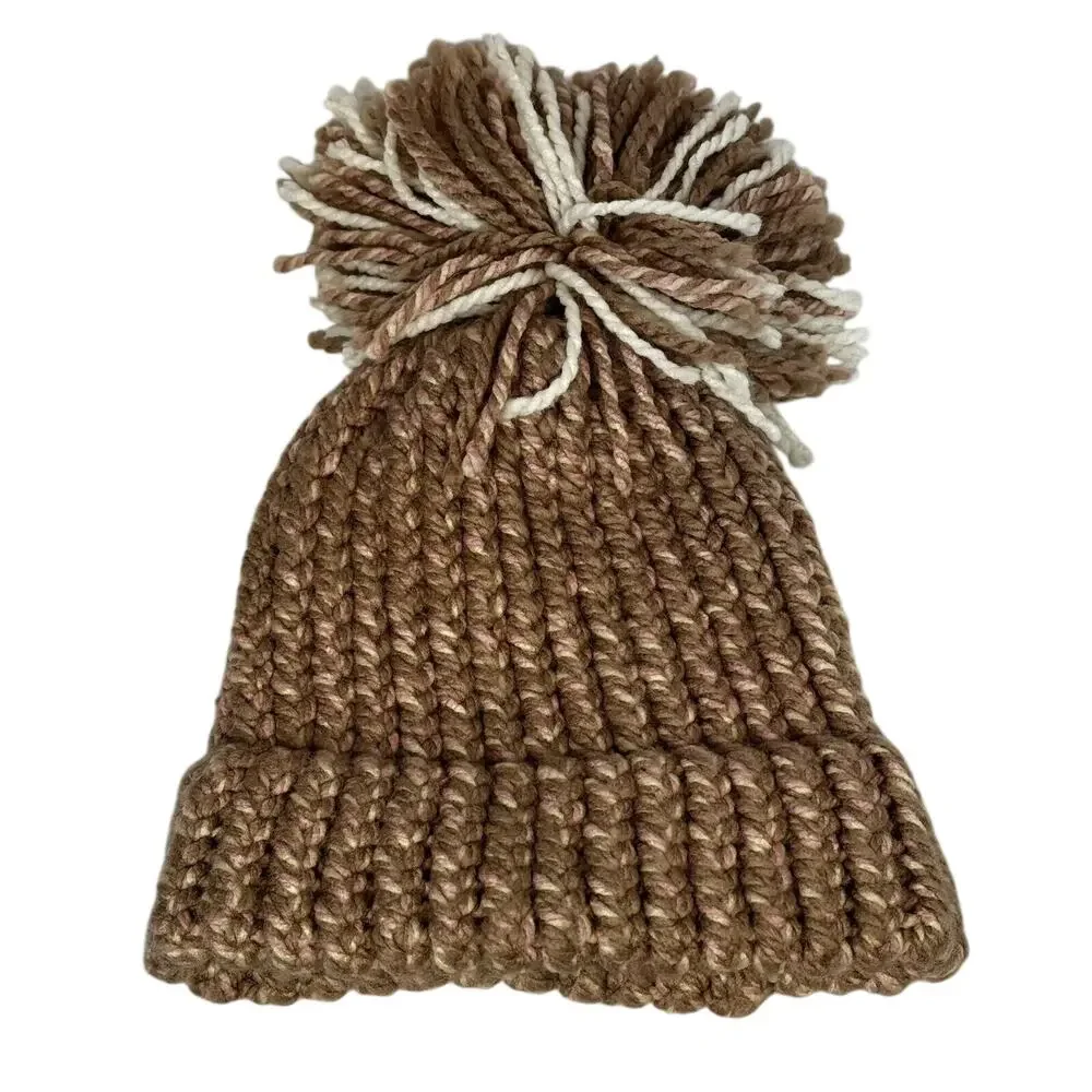 Kids Pink and Tan Beanie Hat With Pom Pom Top Sock Hat Warm Winter Cap